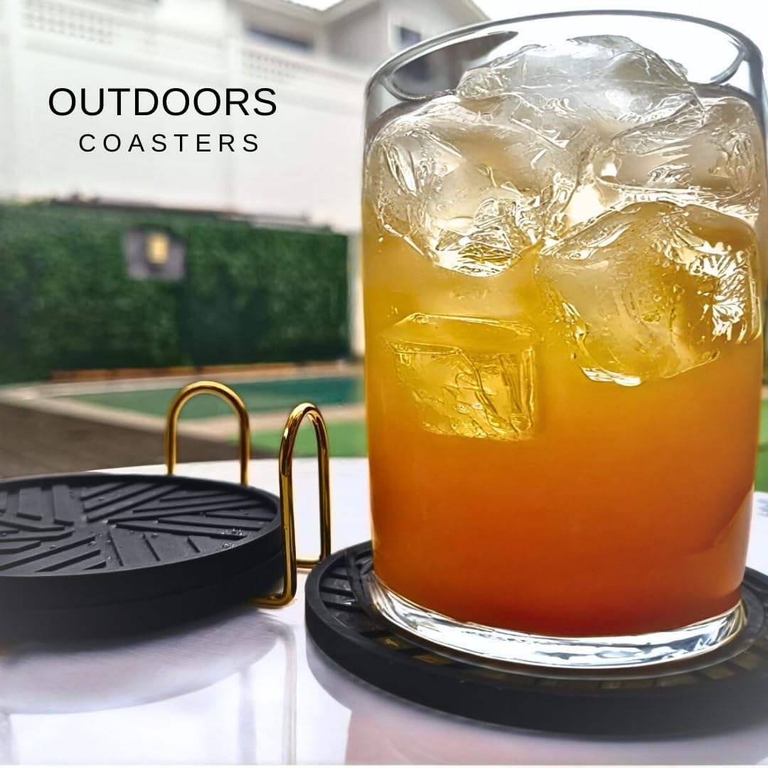 Silicone Black Coasters Set of 6 with Gold Holder - Coffee Table Decor for Home and Office, Durable and Stylish Coaster Set for Protection and Aesthetic Appeal
