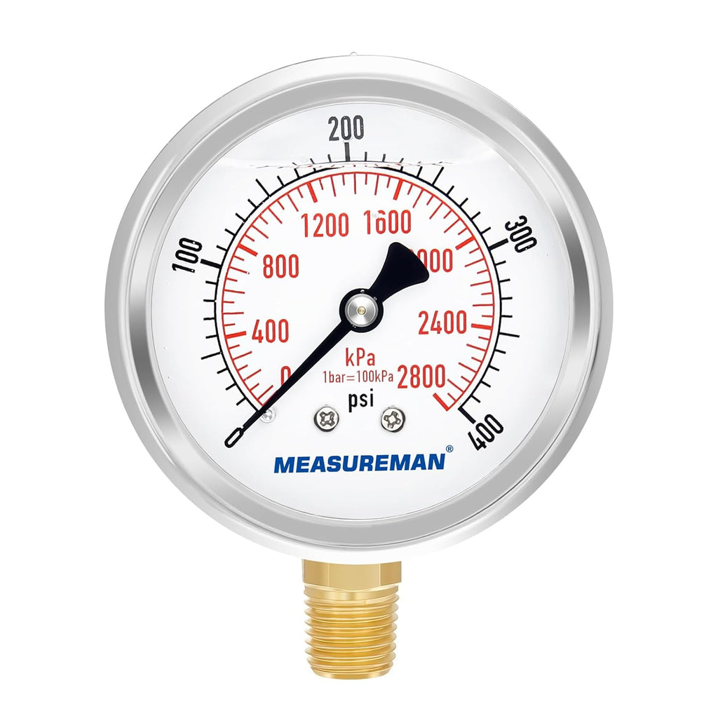MEASUREMAN 2-1/2" Dial Size, Glycerin Filled Pressure Gauge, 0-400psi/2800kpa, 304 Stainless Steel Case, 1/4" NPT Lower Mount