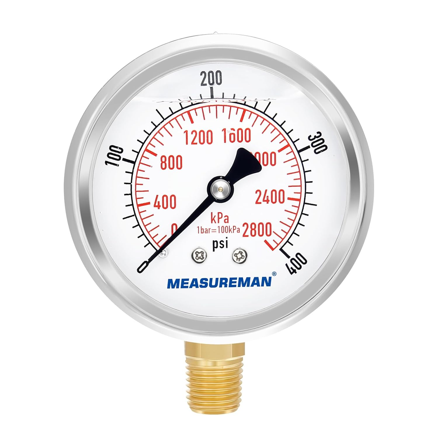 MEASUREMAN 2-1/2" Dial Size, Glycerin Filled Pressure Gauge, 0-400psi/2800kpa, 304 Stainless Steel Case, 1/4" NPT Lower Mount
