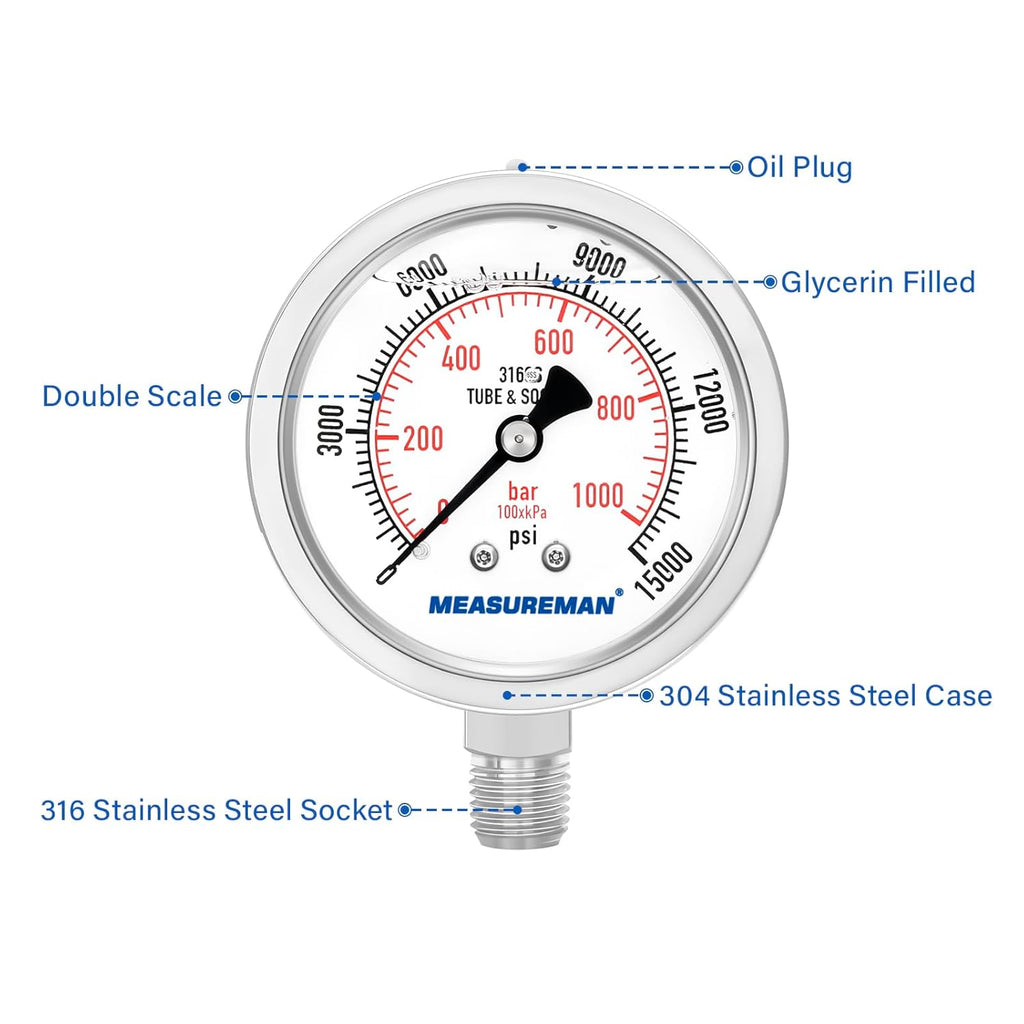 MEASUREMAN Fully Stainless Steel Hydraulic Glycerin Filled Pressure Gauge, 2-1/2" Dial Size,0-15000psi/bar,1/4" NPT Lower Mount