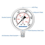 MEASUREMAN Fully Stainless Steel Hydraulic Glycerin Filled Pressure Gauge, 2-1/2" Dial Size,0-15000psi/bar,1/4" NPT Lower Mount