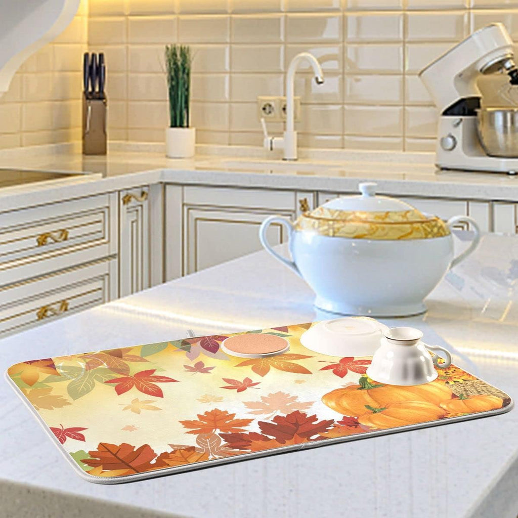 Autumn Fall Dish Drying Mat for Kitchen Counter Pumpkin Maple Leaves Drying Mat 18 x 24 Inch with Absorbent Reversible Microfiber Dish Drying Pad Dish Rack Drainer Mats for Coffee Bar