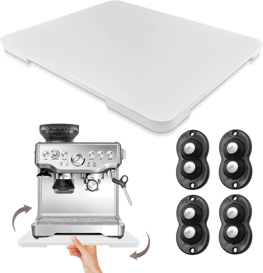 360° Rolling Tray Bamboo Appliance Slider for Kitchen Appliances, for Breville Espresso Machine Accessories, Sliding Tray for Coffee Maker Appliances Mat Easily from Under The Cabinet White13"×15.7"