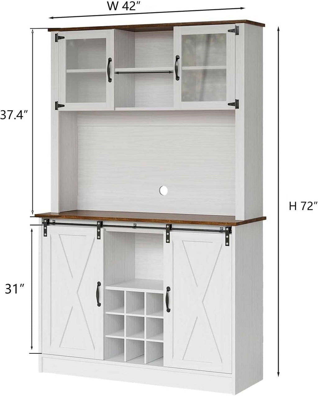 4ever2buy Farmhouse Coffee Bar Cabinet with 2 Glass Doors, 72'' White Bar Cabinet with Sliding Barn Door, Tall Wine Bar with 9 Racks, Coffee Bar Hutch with Storage for Living Room