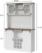 4ever2buy Farmhouse Coffee Bar Cabinet with 2 Glass Doors, 72'' White Bar Cabinet with Sliding Barn Door, Tall Wine Bar with 9 Racks, Coffee Bar Hutch with Storage for Living Room