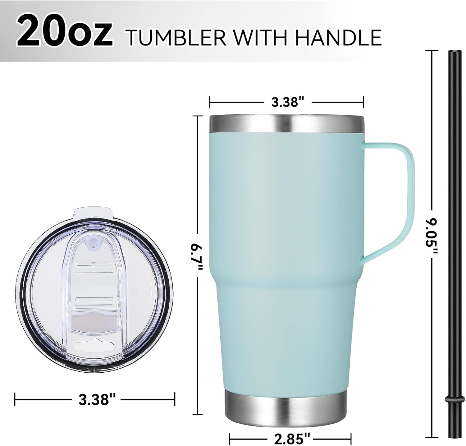 VEGOND 20 oz Tumbler with Handle Lid and Straw, Stainless Steel Insulated Travel Coffee Mug Spill Proof Double Wall Metal Tumbler Cup Keeps Drink Hot and Cold, Mint Green 1 Pack
