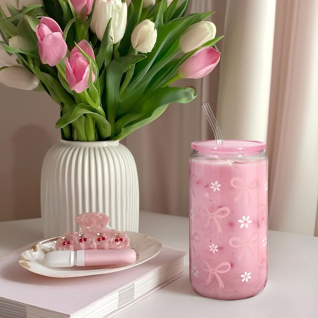 SANDJEST Bow Glass Can, Bows Cup with Lid & Straw, Iced Coffee Aesthetic Cups, Idea Gift for Christmas Birthday Mother Day, Gifts for Women, 16oz