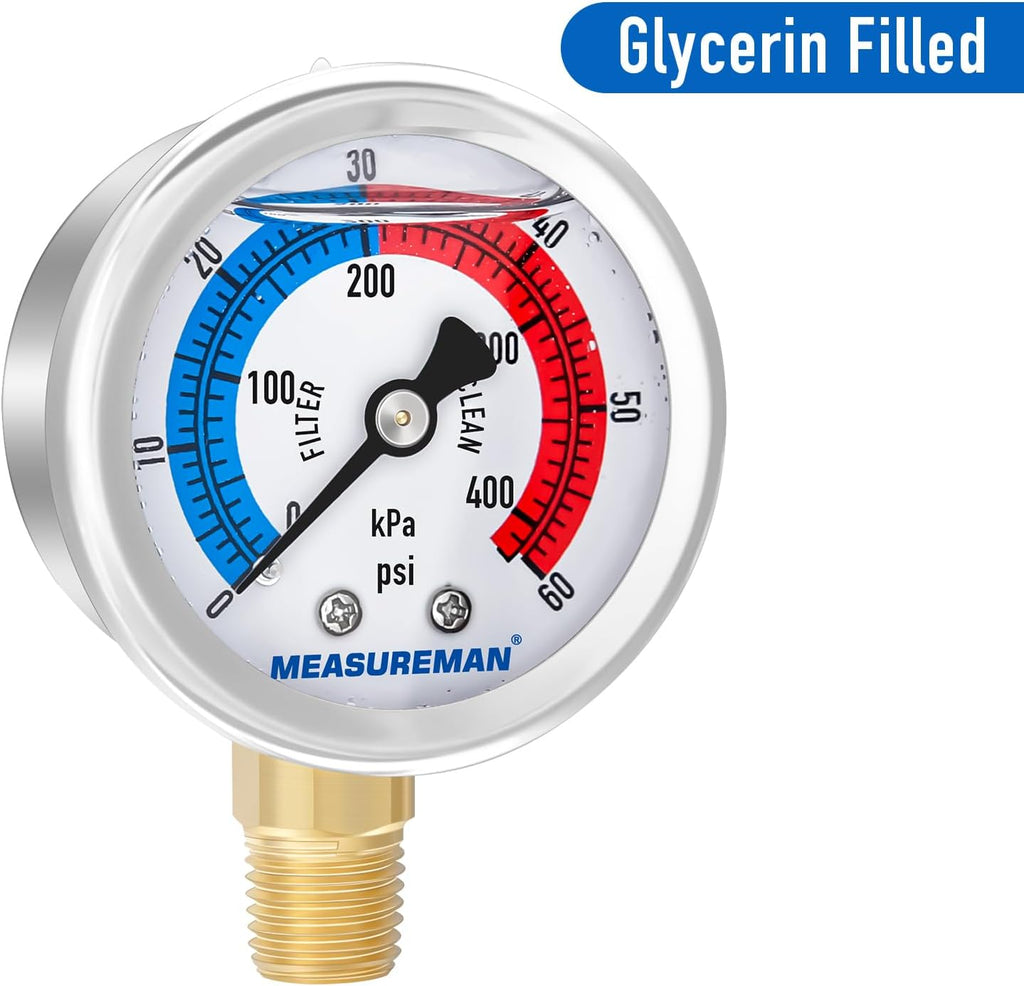 MEASUREMAN 2" Dial Size, Glycerin Filled Pool Filter Pressure Gauge, 304 Stainless Steel Case, 0-60psi/420kpa, 1/4" NPT Lower Mount