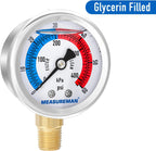 MEASUREMAN 2" Dial Size, Glycerin Filled Pool Filter Pressure Gauge, 304 Stainless Steel Case, 0-60psi/420kpa, 1/4" NPT Lower Mount