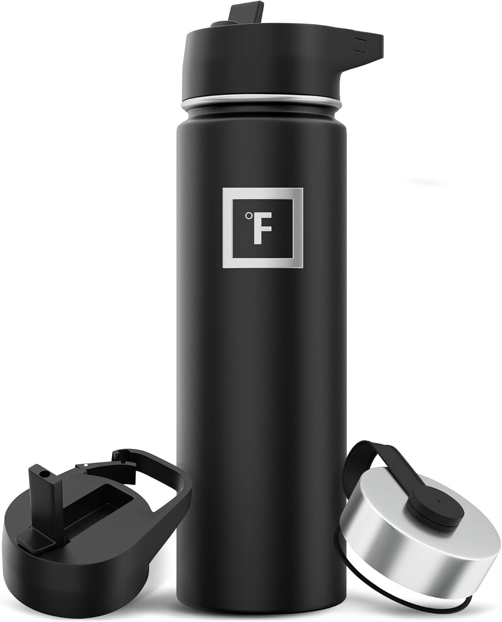 IRON °FLASK Camping & Hiking Hydration Flask with 3 Lids - Stainless Steel, Double Walled & Vacuum Insulated Water Bottle - Leak Proof & BPA Free (Midnight Black, Straw - 22 oz)