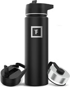 IRON °FLASK Camping & Hiking Hydration Flask with 3 Lids - Stainless Steel, Double Walled & Vacuum Insulated Water Bottle - Leak Proof & BPA Free (Midnight Black, Straw - 22 oz)