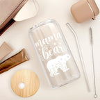 Mom Gifts - Mama Bear 16 Oz Can Glass Tumbler with Bamboo Lid and Straw - Iced Coffee Cups for Women, Aesthetic Glass Cup Gift for Birthday Christmas Mother's Day