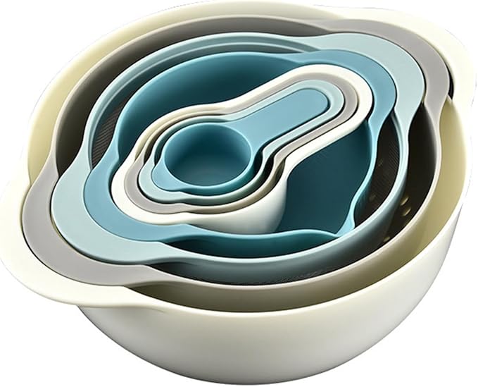 Plastic Mixing Bowls Set 8/10 PCS with Measuring Spoon, Colorful Serving Bowls for Kitchen, Ideal for Baking, Prepping, Nesting Bowls for Space Saving Storage (Pebble Stream)