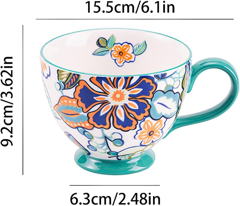 Vintage Flower Mugs – Large Ceramic Coffee Mug (15oz) – Cute Cereal Cup for Breakfast, Oatmeal Tea & Hot Drinks – Handmade Ceramic Cup with Floral Design