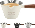 Mongdio Espresso Measuring Cup, Stainless Steel Espresso Shot Cups with Wooden Handle and Double Spouts, 6.8OZ/200ML, White