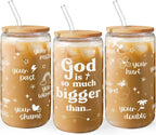 Christian Inspiration16oz Can Glass Tumbler with Bamboo Lid & Straw, Inspirarional Iced Coffee Cup for Women Girls, Religious Gift for Birthday Christmas
