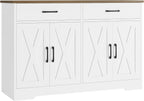 HOSTACK Buffet Cabinet with Storage, 47.2" Kitchen Sideboard Buffet with Drawers, Modern Farmhouse Coffee Bar Station with Shelves, Barn Doors Storage Cabinet for Living Room, White/Rustic Brown