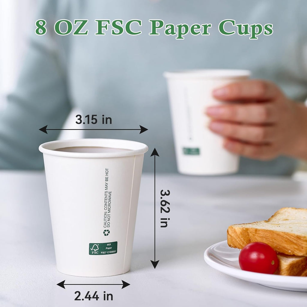 LITOPAK 200 Count 8 oz Disposable Paper Coffee Cup, White FSC Paper Hot Coffee Cups for Multiple Drinks for Office, Store, Home