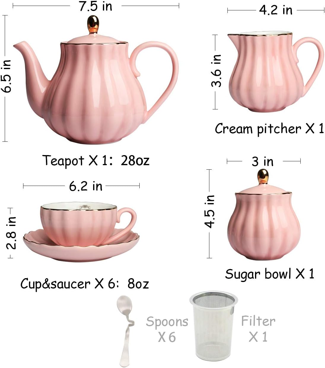 Sweejar Porcelain Tea Sets British Royal Series, 8 OZ Cups & Saucer Service for 6, with Teapot Sugar Bowl Cream Pitcher Teaspoons and Tea Strainer, Suitable for High Tea, Wedding, Party (Pink)