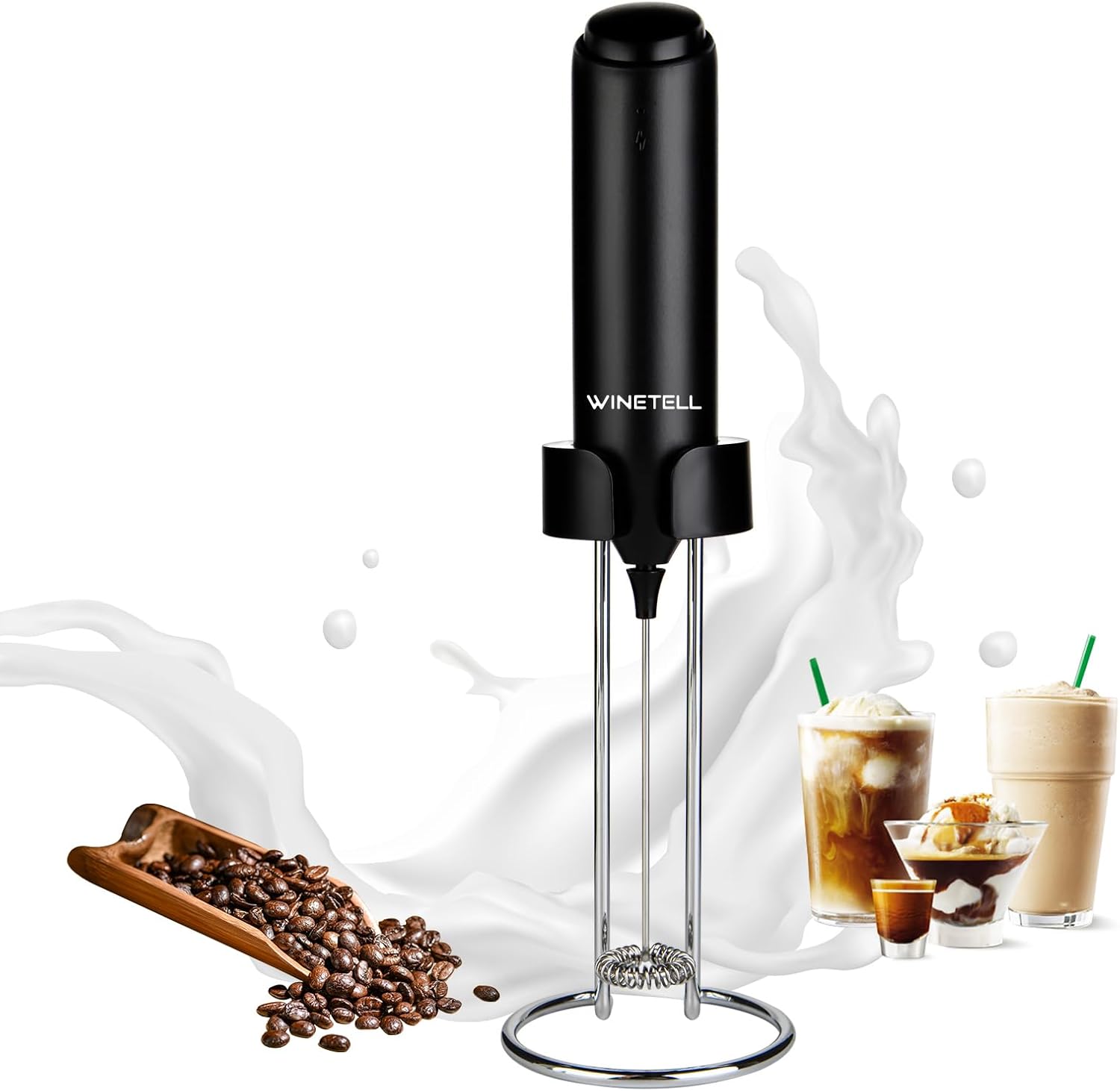 Rechargeable Electric Milk Frother Handheld, Coffee Frother with USB C Charging Stand, Powerful Frother Wand Whisk, Drink Mixer for Lattes, Hot Chocolate, Matcha, etc