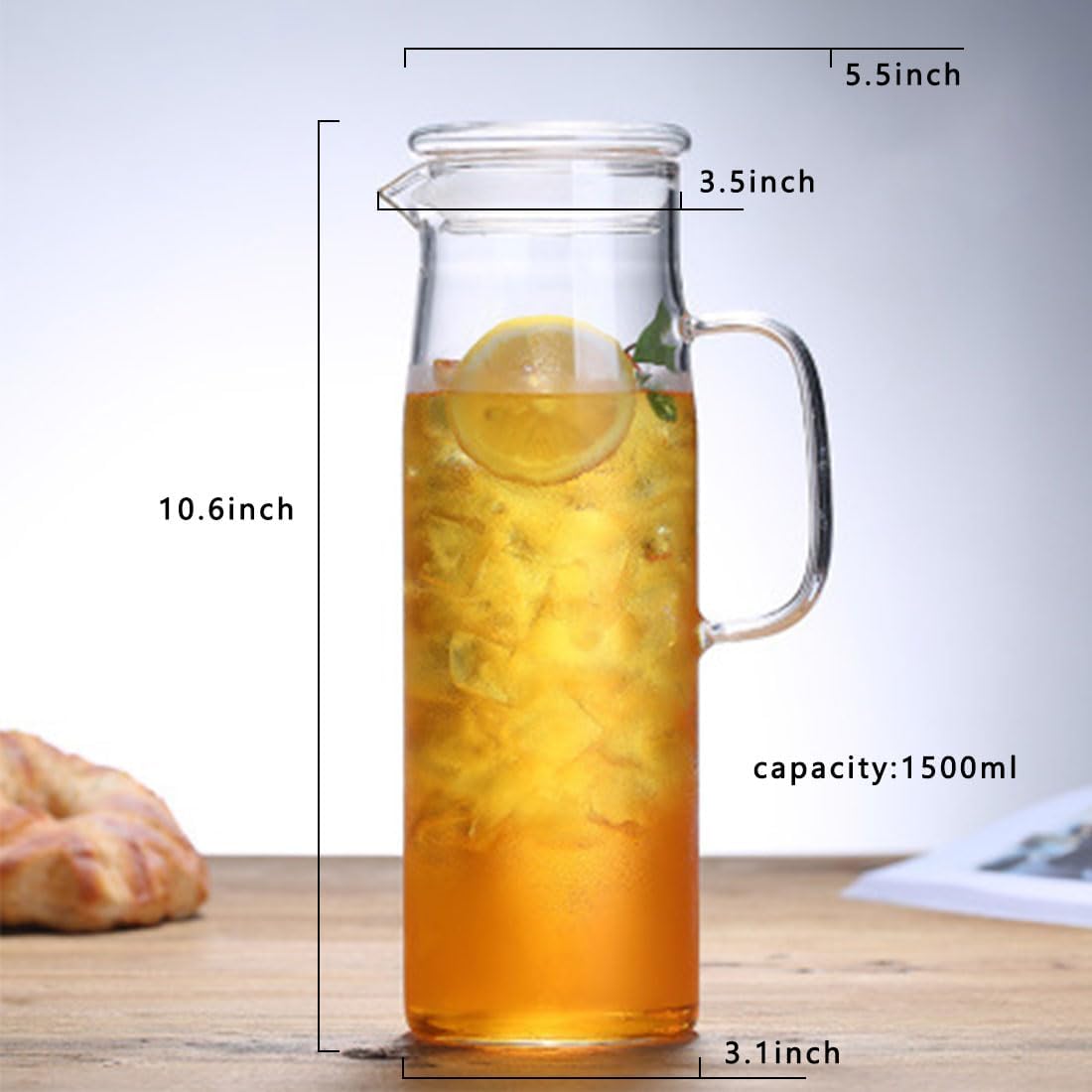 hjn Glass Water Pitcher with Lid Glass Carafe with Handle, Fridge Water Jug for Cold or Hot Beverages,Iced Tea,Milk,Juice 1500ml/51oz & glass lid