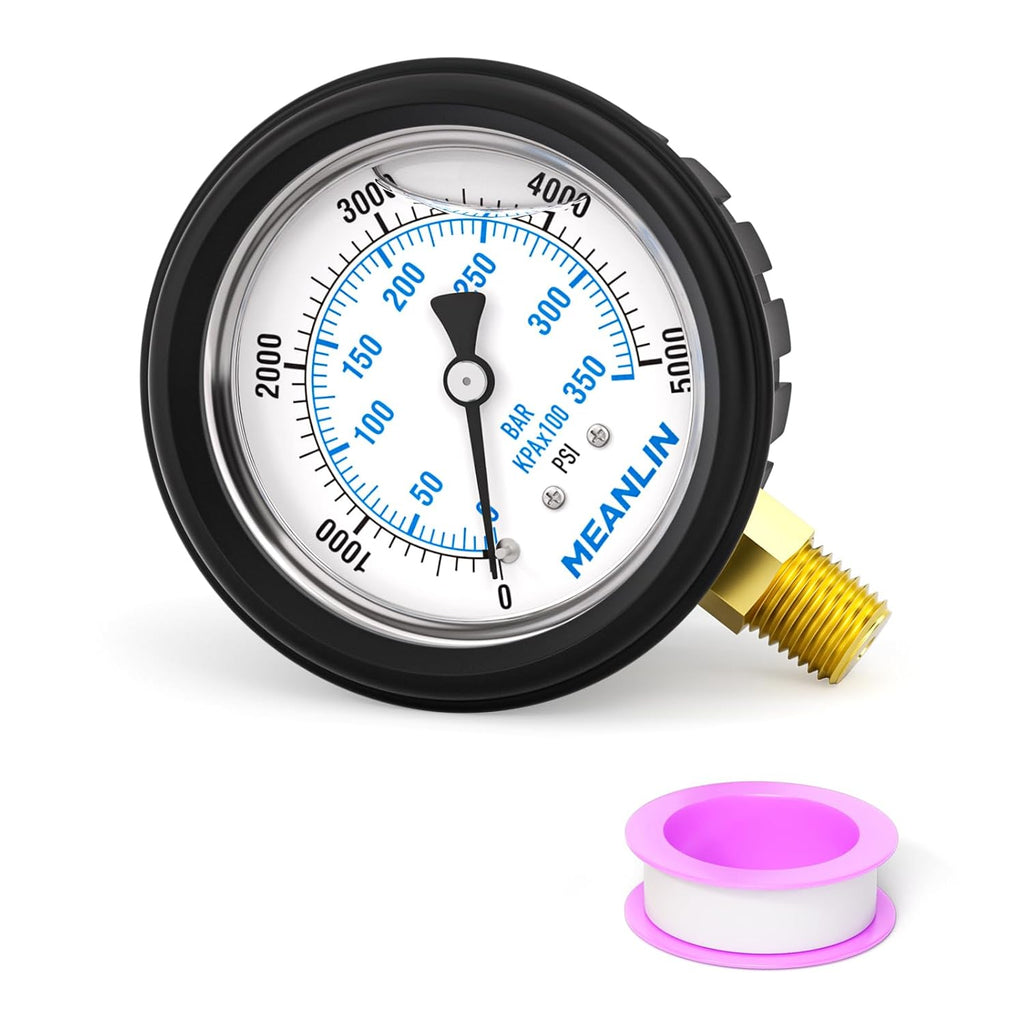 MEANLIN MEASURE 0~5000Psi Stainless Steel Liquid Filled Pressure Gauge 1/4" NPT 2.5" FACE DIAL with Rubber Protective Sleeve, Lower Mount