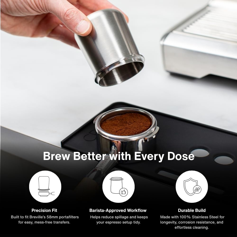 Crema Coffee Products 58mm Dosing Cup | Compatible with Breville Portafilters etc | Durable 100% Stainless Steel | Built-In Grinder Tab for Easy Transfer | Sleek, Mess-Free Design | Silver Finish