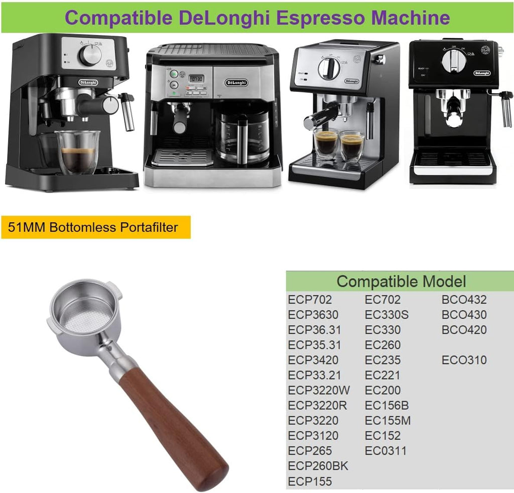 51mm Bottomless Portafilter Compatible with DeLonghi Espresso Machine ECP3420/ECP3630/ECP3120/EC260BK/EC265/EC155/EC702/BCO430 Stainless Steel Portafilter 2 Ear Filter Basket-Wooden