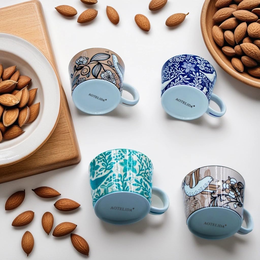 11 oz Mugs Set of 4 Porcelain Coffee Mugs Flower Mug Handle Oatmeal Milk Breakfast cup Painted Bone China Round Coffee cup