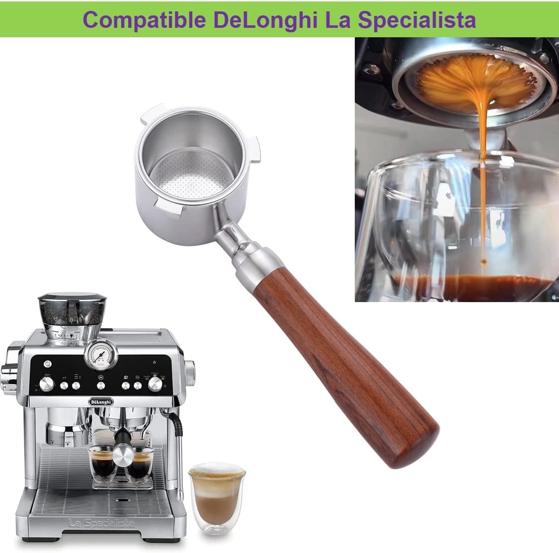 Maspresso 51mm Bottomless Portafilter for Delonghi La Specialista Espresso Machine EC9335 EC9155 EC9665 EC9355 Stainless Steel Portafilter 4 Cups -Wooden Handle