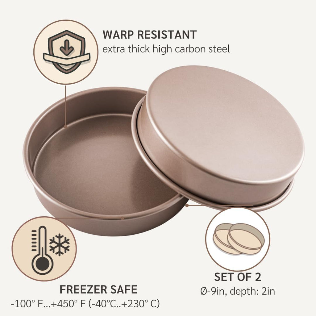 Non Toxic Nonstick 9 inch Round Cake Pans Set of 2 | Quality Non Stick 9 inches Layer Circle Cake Pan 2 inches Deep | Best 9in Baking Pan PFOA, BPA free Nontoxic | 9inch 9inches Cake Pans Set