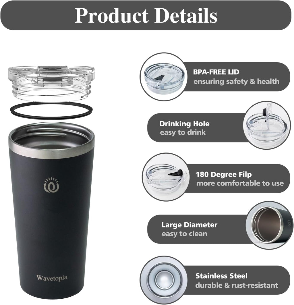Insulated Coffee Mug with Lid, Reusable Stainless Steel Travel Coffee Cup, 16 Oz Double Wall Vacuum Spill Proof Tumbler Cups for Men and Women Hot & Cold Drinks（White）