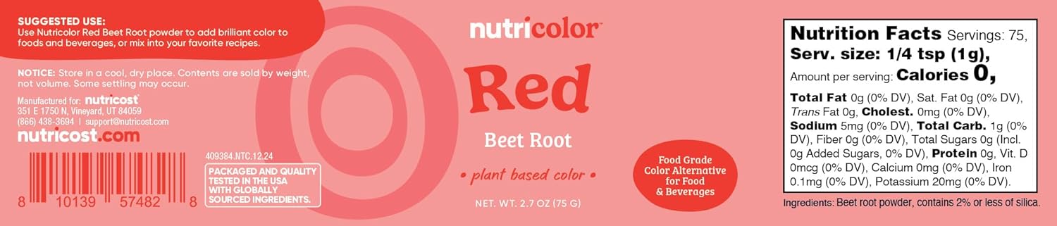 Nutricost Red Plant Based Food Coloring From Beet Root Powder (75 Servings) - Nutricolor Color Alternative For Food & Beverages