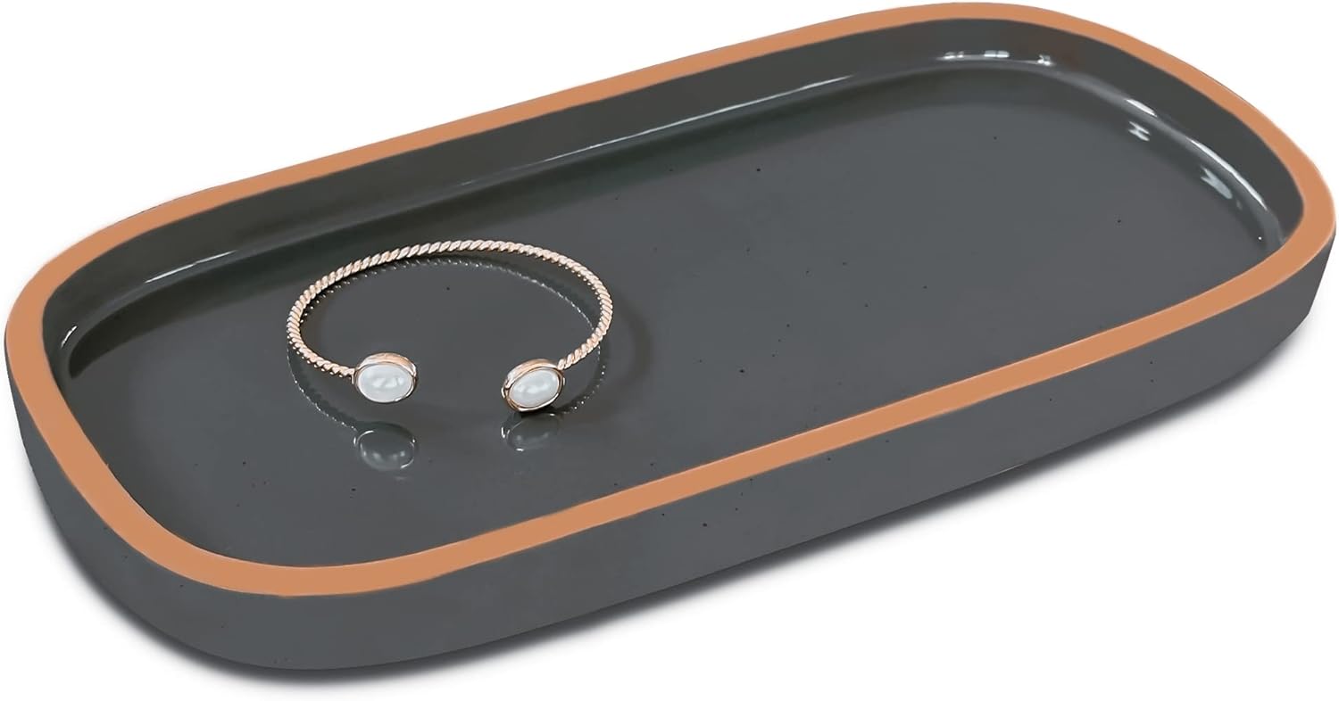 Mora Ceramic Decorative Tray - Rectangle 10in Dish for Jewelry, Soap Dispenser, Perfume, Makeup, Accessories, Candle, in The Bathroom Vanity, Bedside, or Kitchen Counter. Cute Organizers - Black