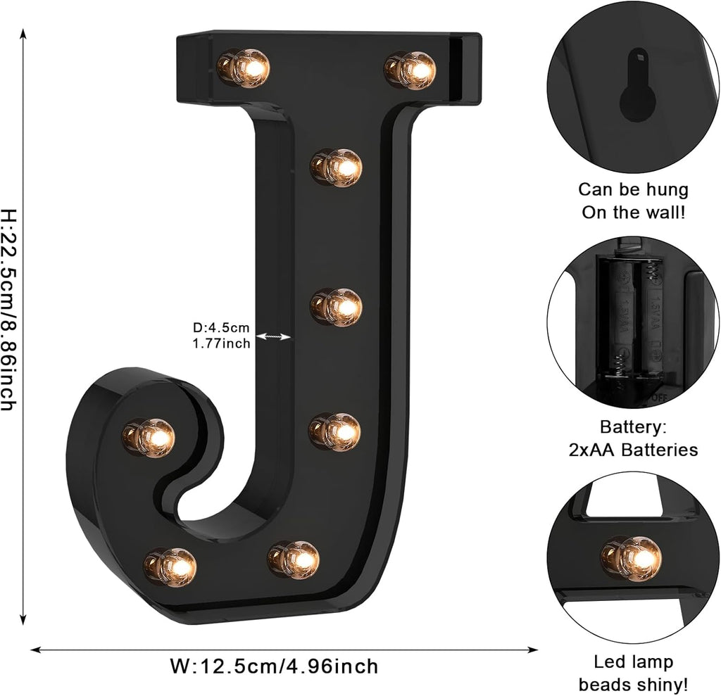 Foaky Black LED Letter Lights for Room Decor - Bedroom Wall Decor, Alphabet Lights for Home, Wedding, Party - Battery Operated （J）