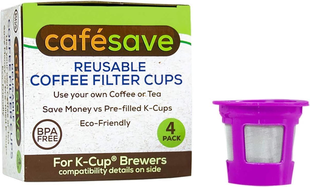 2-Item Bundle: 4-Pack Cafe Save 1-Stream Reusable K Cup Coffee Filters + EZ-Scoop 2 Tbsp Scoop with Integrated Funnel, Refillable Pod Capsule For Use with Keurig & Select Single Cup Coffee Maker