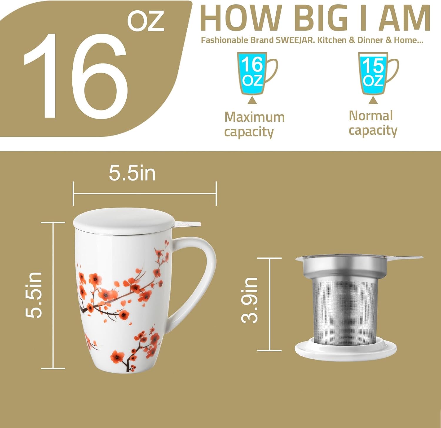 Sweejar Porcelain Tea Mug with Infuser and Lid,Teaware with Filter, Loose Leaf Tea Cup Steeper Maker, 16 Fl Oz for Tea/Coffee/Milk/Women/Office/Home/Gift (Plum Blossom)