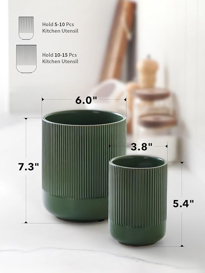 LE TAUCI Utensil Holder, 7.3"+5.4" Ceramic Kitchen Utensil Holder for Countertop, Large Cooking Utensil Crocks for Kitchen Counter, Modern Utensil Organizer for Spatula, Set of 2, Forest Green