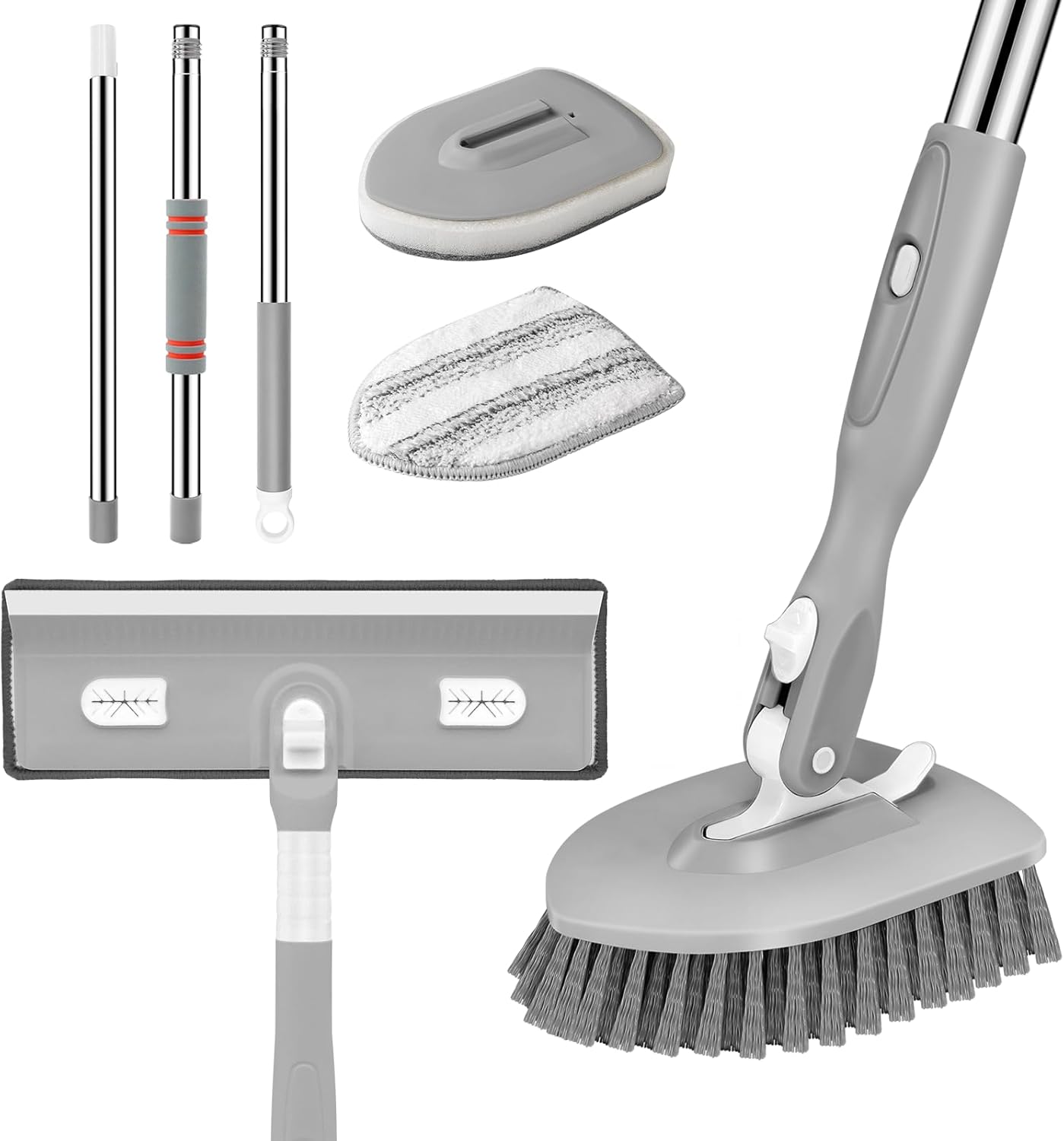 SetSail 4-in-1 Tile Tub Floor Scrubber with 52-inch Adjustable Long Handle Shower Cleaner Brush with Window Scrubber and 3 Replacement Brush Heads for Bathroom Kitchen Walls Tub Tile Sink, Grey