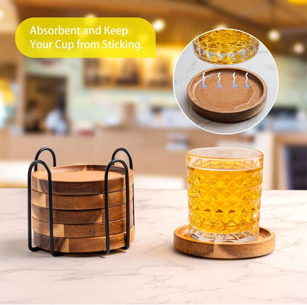 Coasters for Drinks Absorbent with Holder, Acacia Wood Cork Coaster for Coffee Table Wooden Table Coaster for Farmhouse Desk Extra Large Coasters, Set of 6