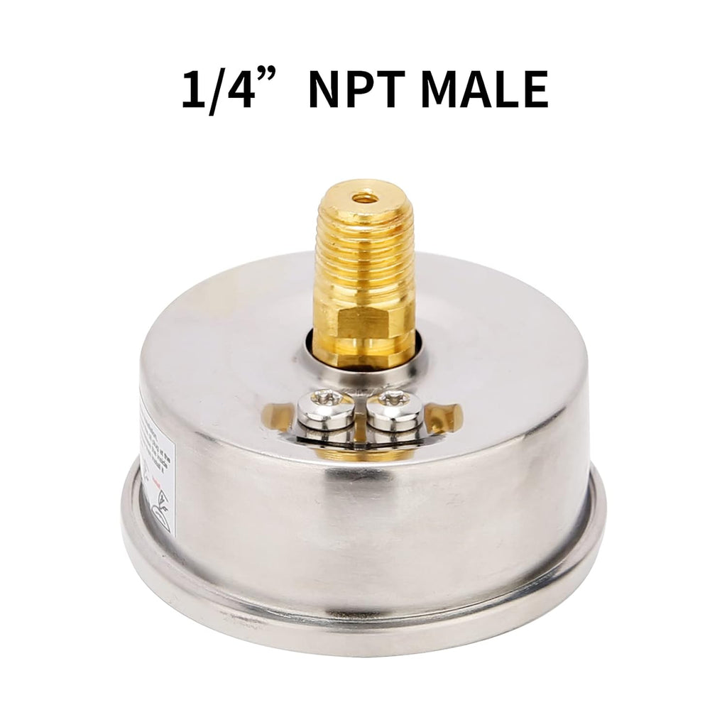 MEASUREMAN 2-1/2inch Dial Size, Glycerin Filled Pressure Gauge, 0-100psi/kpa, 304 Stainless Steel Case, 1/4 Inch NPT Center Back Mount