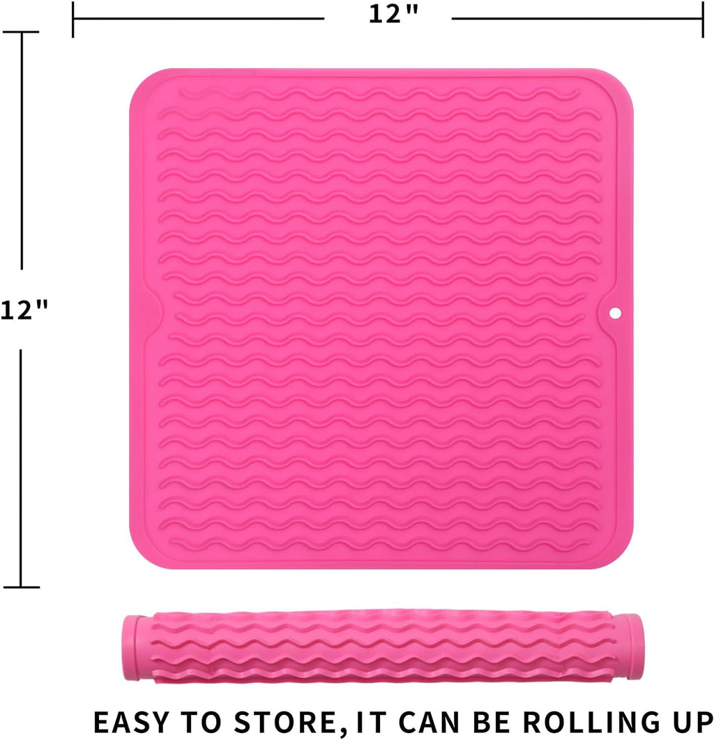 Silicone Dish Drying Mat for Multiple Usage,Easy clean,Eco-friendly,Heat-resistant Silicone Mat for Kitchen Counter or Sink,Refrigerator or Drawer liner Rose M 12 inches x 12 inches