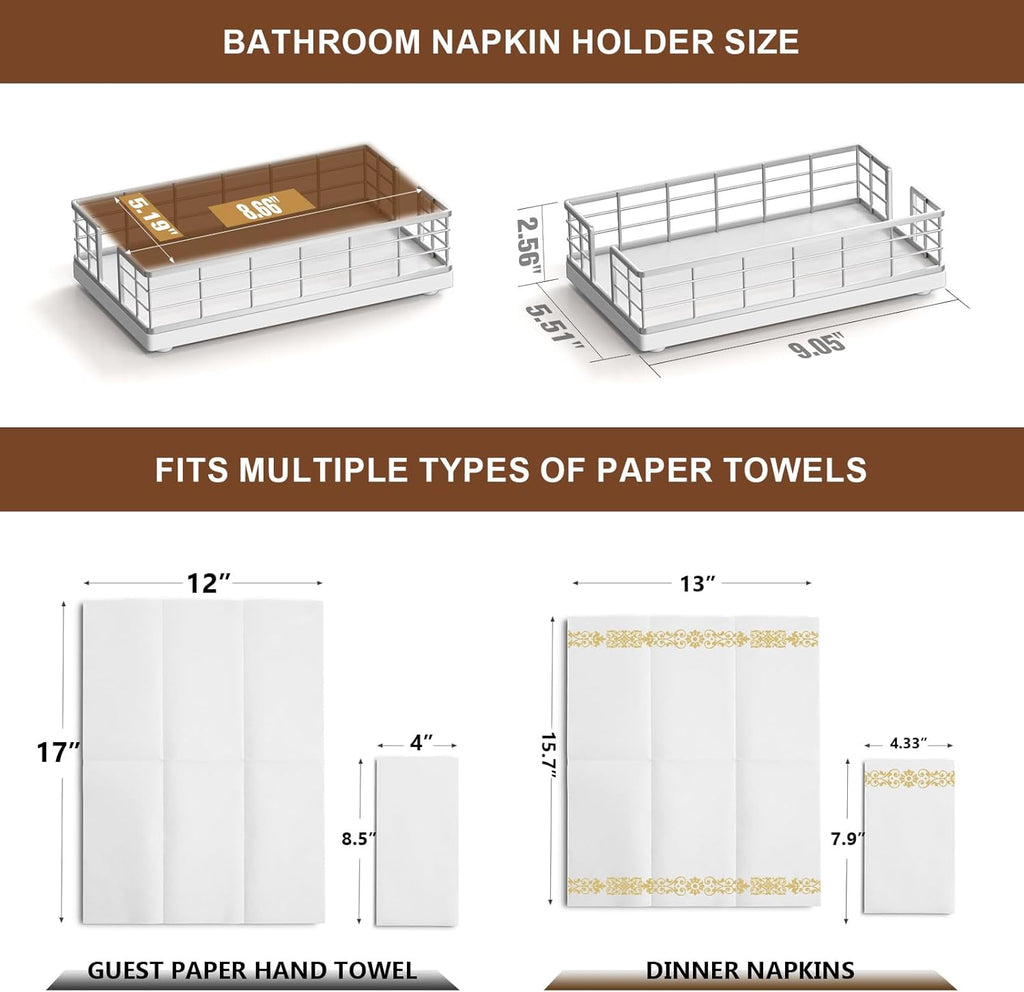 Wican Guest Towel Holder Tray for Bathroom, Oak and Iron Napkins Holder for Powder Room Dinning Table Wooden Basket for Disposable Paper Hand Towels Silvery and White