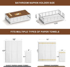 Wican Guest Towel Holder Tray for Bathroom, Oak and Iron Napkins Holder for Powder Room Dinning Table Wooden Basket for Disposable Paper Hand Towels Silvery and White