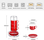 2.5 Ounce Porcelain Espresso Cups with Saucers and Silver Stand, Red Stackable Cups Set of 4