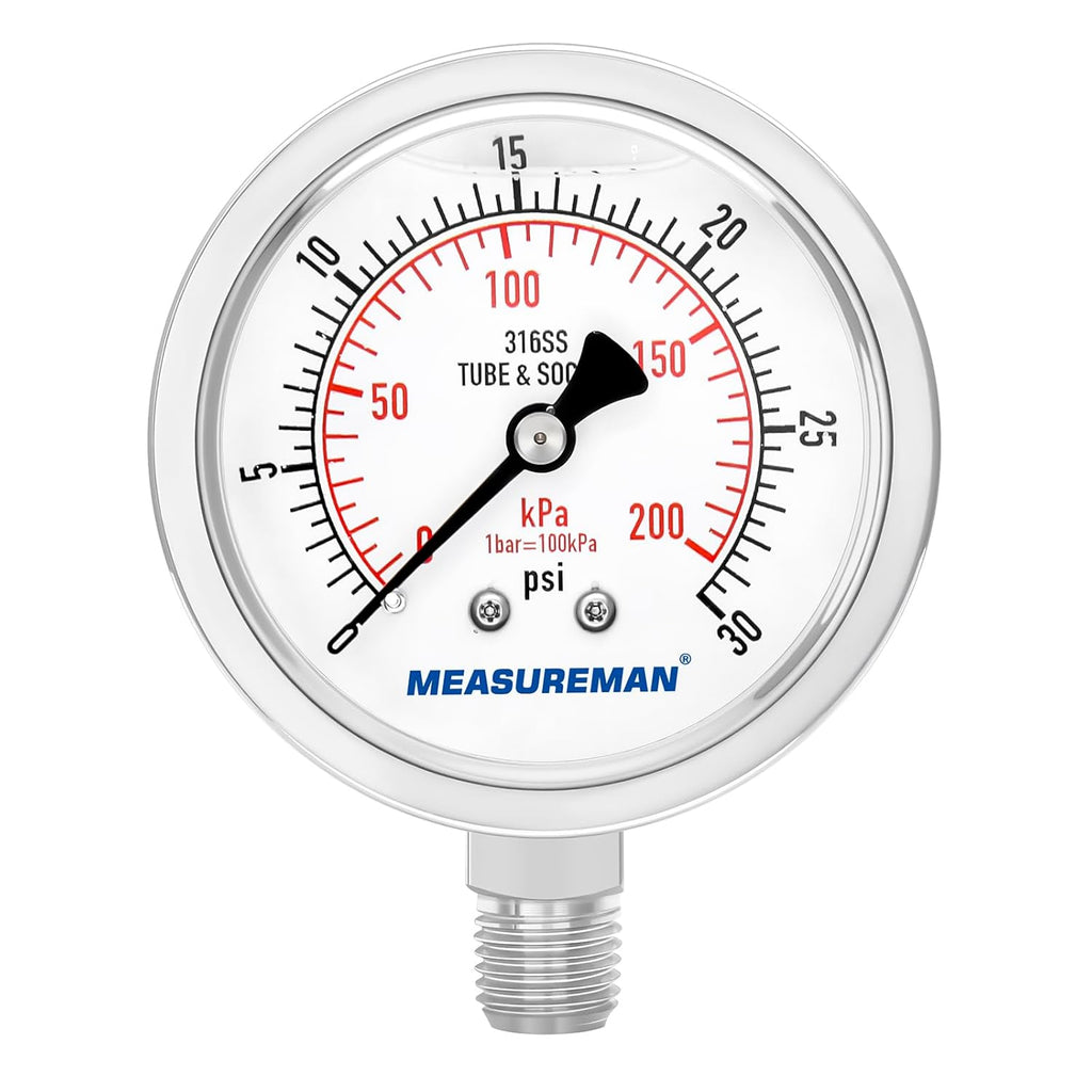 MEASUREMAN Fully Stainless Steel Hydraulic Glycerin Filled Pressure Gauge, 2-1/2" Dial Size,0-30psi/kpa,1/4" NPT Lower Mount