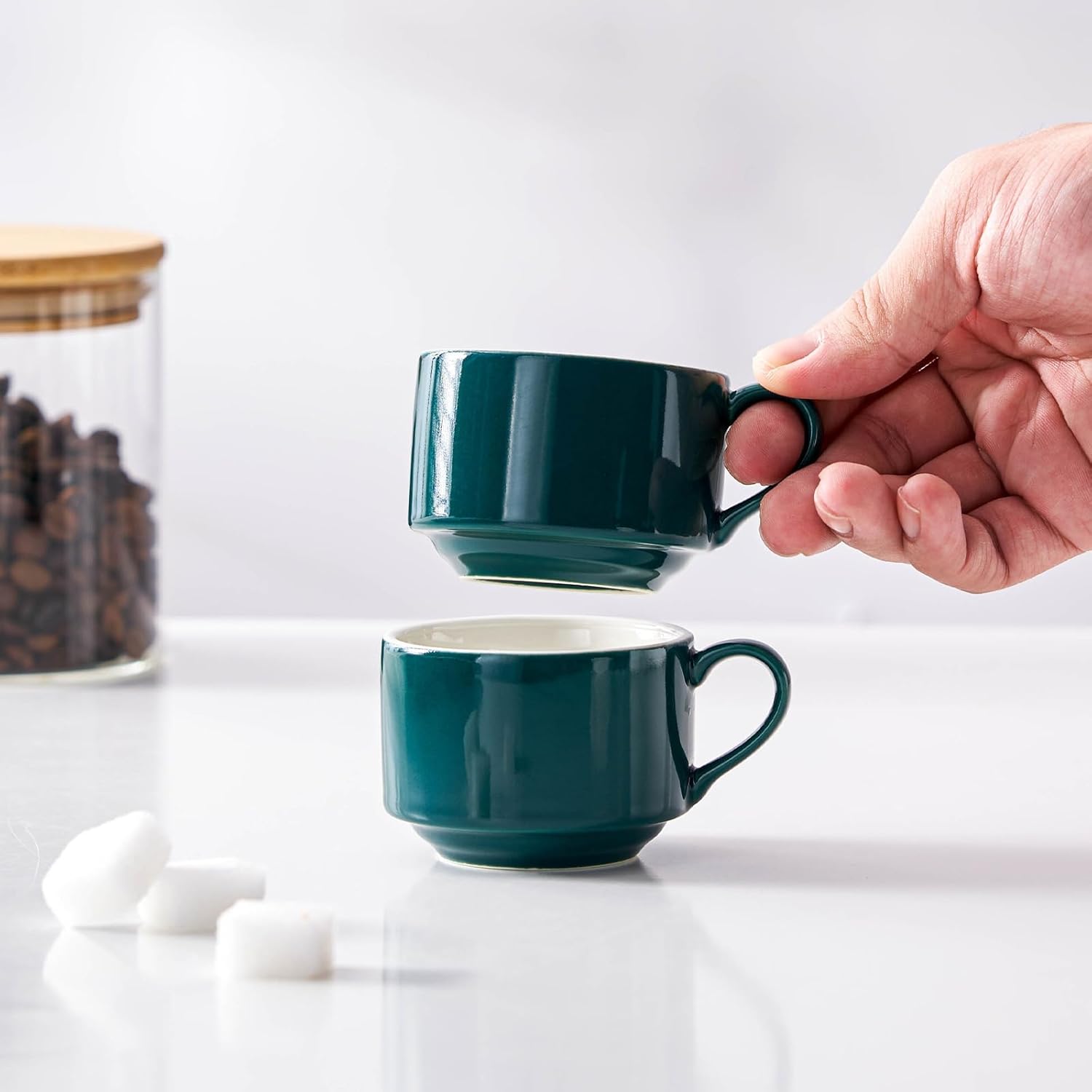 2.5 Ounce Porcelain Espresso Cups with Saucers and Silver Stand, Blackish Green Stackable Cups Set of 4