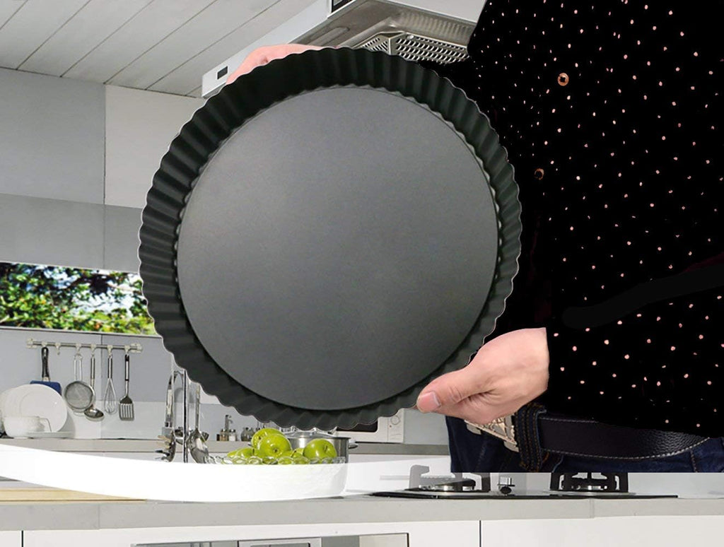 IELEK 12 Inch Non-Stick Tart Quiche Flan Pan Molds Round Removable Loose Bottom Fluted Heavy Duty Pie Pizza Pan