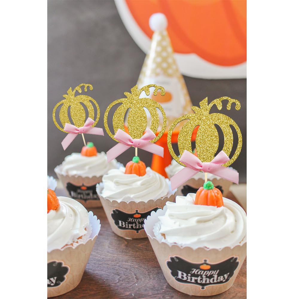 Pumpkin Cupcake Topper Fall Theme Cake Decoration for Pumpkin Themed Baby Shower Party Supplies, Pumpkin Food Pick - Set of 24 (Pink Bow)