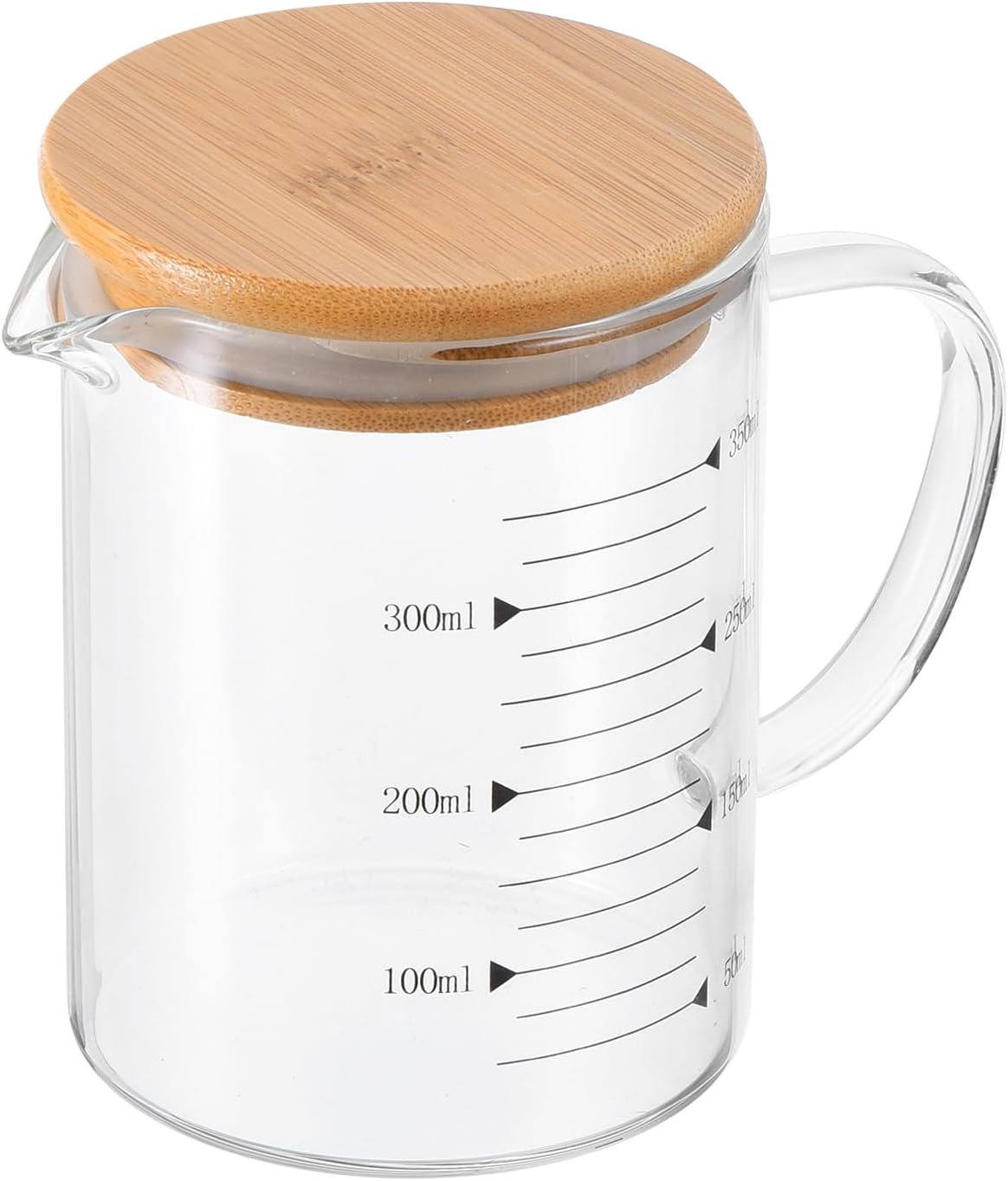 PATIKIL 350ml Glass Measuring Cup, 3.3 Borosilicate Glass Graduated Black Printed Scale Liquid Measure Cups Beaker with Wood Lid and V-Shaped Spout for Kitchen